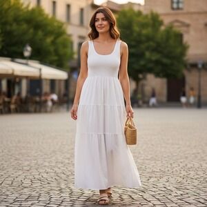 Womens White Smocked Tiered Maxi Dress Sleeveless Boho Summer Occasion M